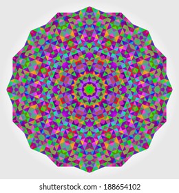 Abstract colorful circle backdrop. Geometric vector mandala. Mosaic banner of geometric shapes. Red Green Orange Purple Lilac Blue Violet Magenta Colour Round Shape Background