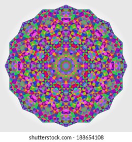 Abstract colorful circle backdrop. Geometric vector mandala. Mosaic banner of geometric shapes. Red Green Orange Purple Lilac Blue Violet Magenta Colour Round Shape Background