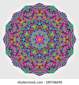 Abstract colorful circle backdrop. Geometric vector mandala. Mosaic banner of geometric shapes. Red Green Orange Purple Lilac Blue Violet Magenta Colour Round Shape Background