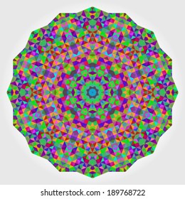 Abstract colorful circle backdrop. Geometric vector mandala. Mosaic banner of geometric shapes. Red Green Orange Purple Lilac Blue Violet Magenta Colour Round Shape Background