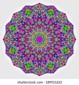 Abstract colorful circle backdrop. Geometric vector mandala. Mosaic banner of geometric shapes. Red Green Orange Purple Lilac Blue Violet Magenta Colour Round Shape Background