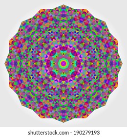 Abstract colorful circle backdrop. Geometric vector mandala. Mosaic banner of geometric shapes. Red Green Orange Purple Lilac Blue Violet Magenta Color Round Shape Background