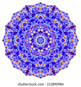 Abstract colorful circle backdrop. Mosaic round banner of blue violet red orange yellow white color geometric shapes