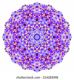 Abstract colorful circle backdrop. Mosaic round banner of blue violet red orange yellow white color geometric shapes