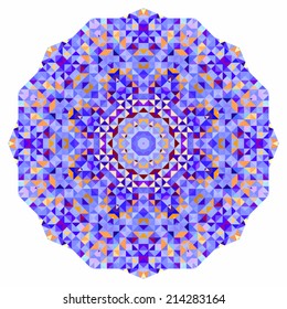Abstract colorful circle backdrop. Mosaic round banner of blue violet red orange yellow white color geometric shapes
