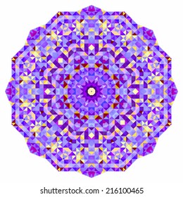 Abstract colorful circle backdrop. Mosaic round banner of blue violet red orange yellow white color geometric shapes