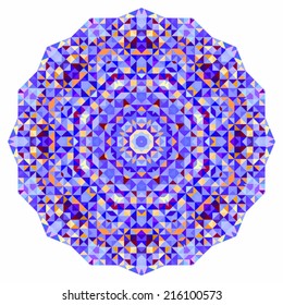 Abstract colorful circle backdrop. Mosaic round banner of blue violet red orange yellow white color geometric shapes