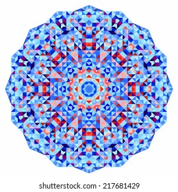 Abstract colorful circle backdrop. Mosaic round banner of blue violet red orange yellow white color geometric shapes