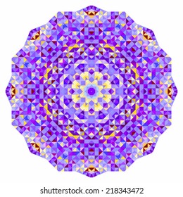 Abstract colorful circle backdrop. Mosaic round banner of blue violet red orange yellow white color geometric shapes
