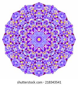 Abstract colorful circle backdrop. Mosaic round banner of blue violet red orange yellow white color geometric shapes