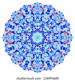 Abstract colorful circle backdrop. Mosaic round banner of blue violet red orange yellow white color geometric shapes