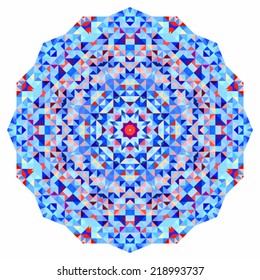 Abstract colorful circle backdrop. Mosaic round banner of blue violet red orange yellow white color geometric shapes