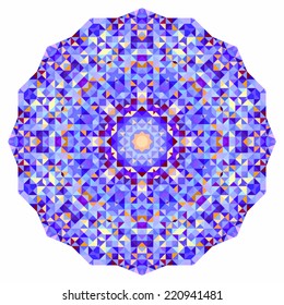Abstract colorful circle backdrop. Mosaic round banner of blue violet red orange yellow white color geometric shapes