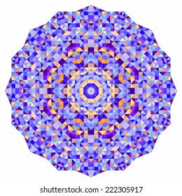 Abstract colorful circle backdrop. Mosaic round banner of blue violet red orange yellow white color geometric shapes