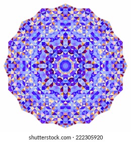 Abstract colorful circle backdrop. Mosaic round banner of blue violet red orange yellow white color geometric shapes
