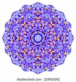 Abstract colorful circle backdrop. Mosaic round banner of blue violet red orange yellow white color geometric shapes
