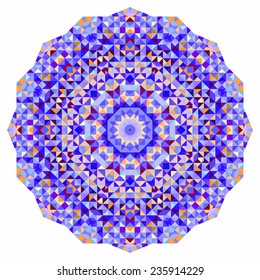 Abstract colorful circle backdrop. Mosaic round banner of blue violet red orange yellow white color geometric shapes