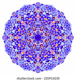 Abstract colorful circle backdrop. Mosaic round banner of blue violet red orange yellow white color geometric shapes