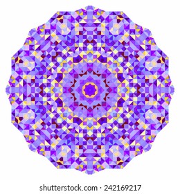 Abstract colorful circle backdrop. Mosaic round banner of blue violet red orange yellow white color geometric shapes