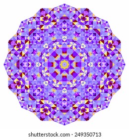 Abstract colorful circle backdrop. Mosaic round banner of blue violet red orange yellow white color geometric shapes