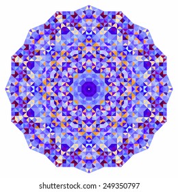 Abstract colorful circle backdrop. Mosaic round banner of blue violet red orange yellow white color geometric shapes