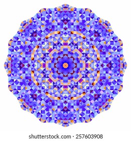 Abstract colorful circle backdrop. Mosaic round banner of blue violet red orange yellow white color geometric shapes