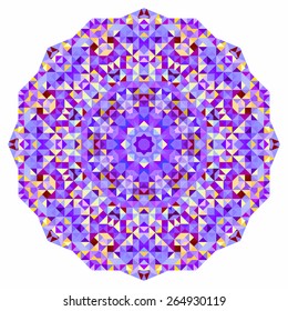 Abstract colorful circle backdrop. Mosaic round banner of blue violet red orange yellow white color geometric shapes