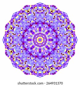 Abstract colorful circle backdrop. Mosaic round banner of blue violet red orange yellow white color geometric shapes