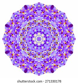 Abstract colorful circle backdrop. Mosaic round banner of blue violet red orange yellow white color geometric shapes
