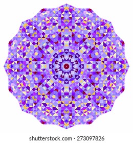 Abstract colorful circle backdrop. Mosaic round banner of blue violet red orange yellow white color geometric shapes