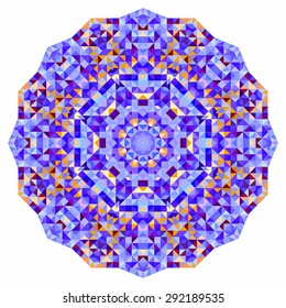 Abstract colorful circle backdrop. Mosaic round banner of blue violet red orange yellow white color geometric shapes