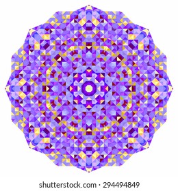 Abstract colorful circle backdrop. Mosaic round banner of blue violet red orange yellow white color geometric shapes