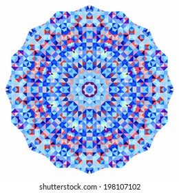Abstract colorful circle backdrop. Vector mosaic round banner of blue red pink orange yellow white color geometric shapes