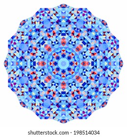 Abstract colorful circle backdrop. Vector mosaic round banner of blue red pink yellow white color geometric shapes