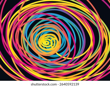 Abstract colorful circle chaos neon lines isolated on black background. Colour vector 3D gradient rainbow spiral background.	