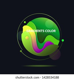 Abstract colorful circle. Gradient in sphere of green, purple, yellow. Round shape with orbit on black background. Vector template for logos, posters, banners design