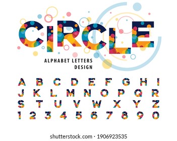 Resumen Círculos coloridos dentro de letras y números de alfabeto, fuentes de burbuja de color moderno, letras de letras de estilo audaz conjunto de diseño para celebrar, fiesta, festival, entretenimiento, promoción, feria de diversión