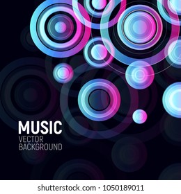 Abstract colorful circles on black background. Musical party design poster. Electronic disco club flyer design element. Night party banner template, vector illustration. Colored Rings.