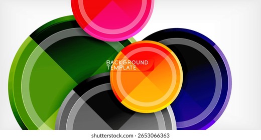 Abstract colorful circles overlap, creating dynamic visual effect. Bright hues contrast against dark background. Modern design element.