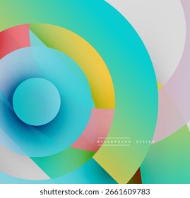 Abstract colorful circles overlap creating dynamic visual effect. Bright hues blend, forming modern design element.