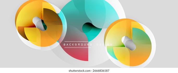 Abstract colorful circles overlap, creating dynamic composition. Smooth gradients, modern design elements present. Light gray background supports vibrant shapes.