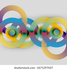Abstractas círculos de colores se superponen, creando un efecto visual dinámico. Los Gradientes mezclan tonos, formando patrones complejos. Elemento de diseño moderno.