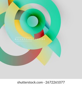 Abstract colorful circles overlap creating dynamic visual effect. Modern design elements suggest energy, movement, innovation.