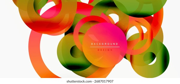 Os círculos coloridos abstratos se sobrepõem, criando um efeito visual dinâmico. Gradientes brilhantes, elementos de design moderno presentes. O fundo é branco.