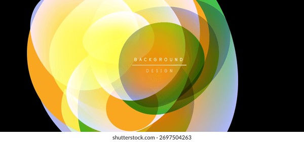 Abstract colorful circles overlap creating dynamic visual effect. Bright gradients suggest energy, movement, modern design.