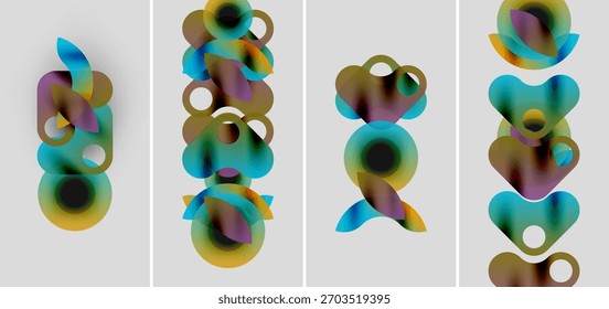 Abstractas círculos de colores se superponen, creando composiciones dinámicas. Cuatro paneles muestran variaciones, los Gradientes se desplazan suavemente. Pieza de arte moderno.