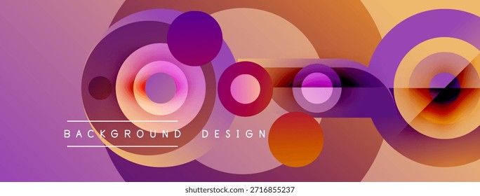 Abstract colorful circles overlap creating dynamic visual effect. Gradient shades present modern design elements. Background features text labels.