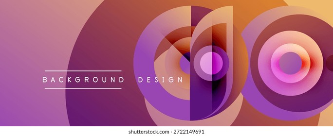 Abstractas círculos de colores se superponen creando un fondo dinámico. Los tonos degradados pasan de los tonos morados a los naranjas. Etiquetas de texto Elementos de diseño.