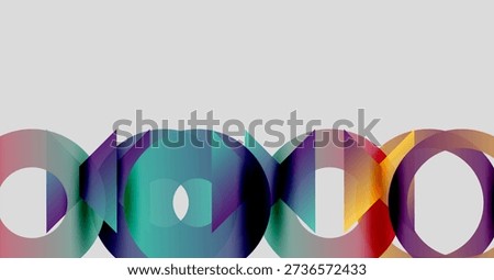 Abstract colorful circles overlap, creating dynamic visual effect. Gradient hues blend, forming modern composition. Minimalist design.