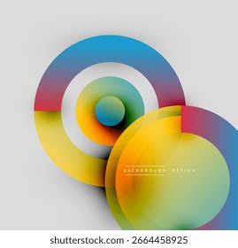 Abstract colorful circles overlap. Gradient hues create dynamic visual effect. Modern design element for backgrounds, presentations.